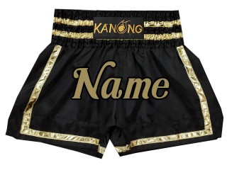กางเกงมวยไทยปักชื่อ สีดำทอง  : KNSCUST-1171
